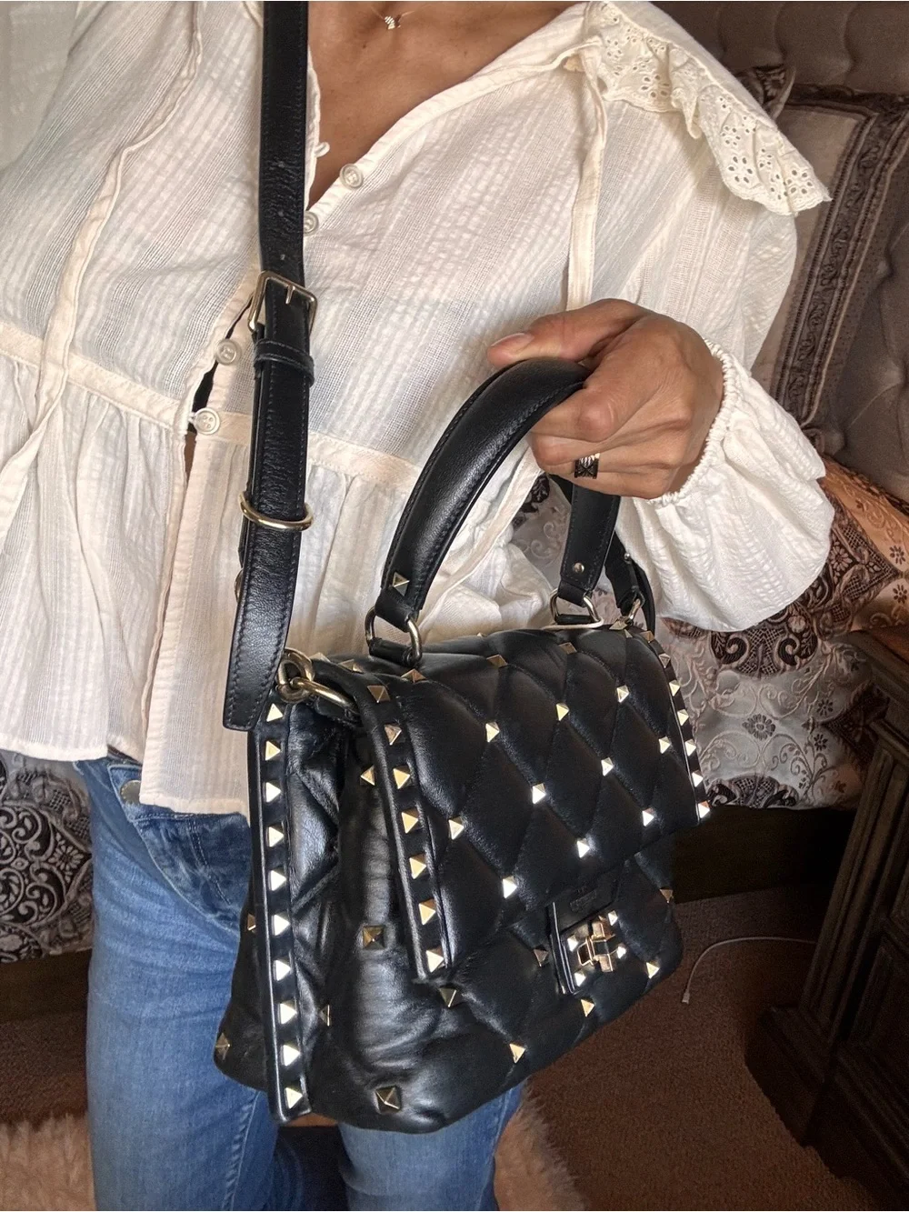 Valentino Garavani Black Quilted Leather Satchel with Gold Studs